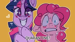 Size: 1600x911 | Tagged: safe, artist:goshhhh, derpibooru import, pinkie pie, twilight sparkle, earth pony, pony, unicorn, blushing, duo, floppy ears, frown, heart, image, palindrome get, png, quarantine, simple background, smiling, starry eyes, sweat, varying degrees of want, wingding eyes, yellow background