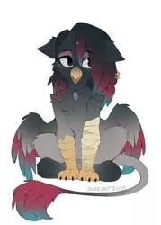 Size: 915x1280 | Tagged: safe, artist:share dast, derpibooru import, oc, oc:caiya, unofficial characters only, gryphon, bandage, crossed legs, eared griffon, eye clipping through hair, female, griffon oc, image, jewelry, jpeg, necklace, open mouth, simple background, sitting, solo, white background