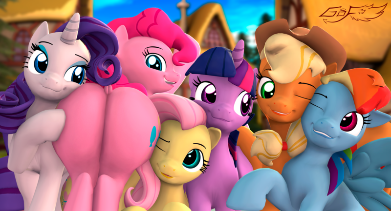 Size: 2150x1164 | Tagged: suggestive, artist:godoffury, derpibooru import, applejack, fluttershy, pinkie pie, rainbow dash, rarity, twilight sparkle, earth pony, pegasus, pony, unicorn, 3d, applejack's hat, ass worship, balloonbutt, butt, cheek to cheek, cowboy hat, dock, eyelashes, eyeshadow, female, females only, hat, horn, image, large butt, line-up, looking at each other, makeup, mane six, mare, one eye closed, outdoors, plot, png, ponyville, sfm pony, smiling, source filmmaker, spankable plot, stetson, wings