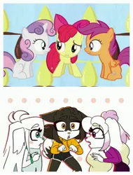 Size: 3106x4096 | Tagged: safe, artist:toonzee animation, derpibooru import, screencap, apple bloom, scootaloo, sweetie belle, oc, oc:amethyst, oc:emerald, oc:onyx, oc:topaz, anthro, dog, one bad apple, babs seed song, cutie mark crusaders, fanart, furry, furry oc, image, jpeg, scene interpretation, screencap reference