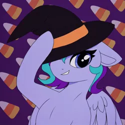 Size: 1024x1024 | Tagged: safe, artist:incendiaryboobs, derpibooru import, oc, pegasus, pony, candy, candy corn, commission, food, halloween, hat, holiday, icon, image, jpeg, profile pic, witch, witch hat