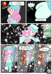 Size: 2480x3507 | Tagged: safe, artist:theminus, derpibooru import, fluttershy, human, comic:fluttershy the dark secret, equestria girls, car, clothes, crying, escape, eyes closed, female, hat, image, jpeg, mittens, open mouth, running, running away, snow, solo, speech bubble, stranger danger, tears of fear, winter outfit, younger