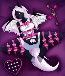 Size: 3508x4088 | Tagged: suggestive, artist:sorubaphomet, derpibooru import, oc, oc:midnight ruby, anthro, bat pony, unguligrade anthro, arrow, bat pony oc, bat wings, bondage, bow, box of chocolates, breasts, clothes, dress, fangs, feathered wings, female, frogtie, gift wrapped, heart hands, holiday, image, lying down, on back, png, red eyes, ribbon, solo, spreading, spread legs, spread wings, valentine's day, valentine's day card, white mane, wings