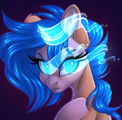 Size: 1588x1552 | Tagged: safe, artist:silkensaddle, derpibooru import, oc, oc:valkyrie (zebracorn), unofficial characters only, hybrid, zebra, zebracorn, zony, bust, ear fluff, female, glowing eyes, glowing horn, horn, image, looking at you, mare, png, portrait, purple background, simple background, solo