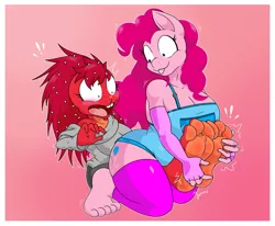 Size: 2591x2137 | Tagged: suggestive, artist:tinydevilhorns, derpibooru import, pinkie pie, oc, anthro, earth pony, plantigrade anthro, porcupine, :p, barefoot, big breasts, blushing, breasts, bucktooth, busty pinkie pie, canon x oc, chubbie pie, chubby, clothes, commission, cutie mark, dandruff, digital art, duo, duo female, feet, female, fetish, flaky, foot fetish, happy tree friends, image, open mouth, png, requested art, screaming, shocked, shrunken pupils, simple background, socks, soles, stockings, thigh highs, thighs, tickle fetish, tickling, toes, tongue out, wide hips