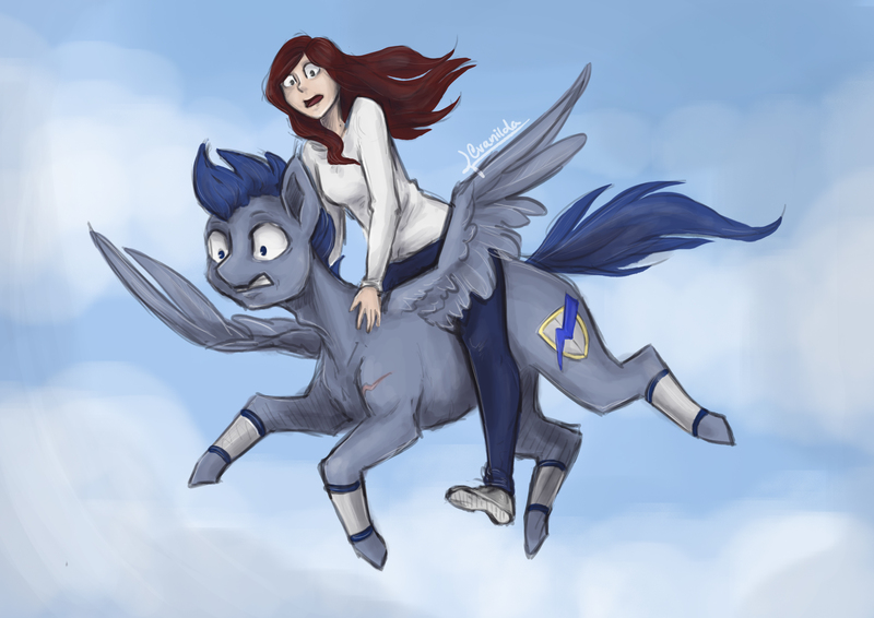 Size: 3508x2480 | Tagged: safe, artist:cvanilda, derpibooru import, oc, oc:blue thunder, unofficial characters only, human, pegasus, pony, clothes, cloud, duo, flying, image, jpeg, male, pegasus oc, pony sized pony, riding a pony, scared, stallion, wide eyes, wings