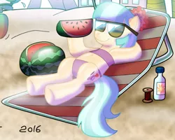 Size: 2656x2125 | Tagged: safe, artist:lars99, derpibooru import, coco pommel, zephyr breeze, earth pony, pony, 2016, bandeau, beach, beach chair, bikini, clothes, cropped, duo, female, food, image, mare, midriff, png, relaxing, signature, solo focus, spool, summer, sunglasses, suntan lotion, swimsuit, watermelon