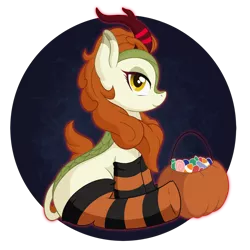 Size: 1024x1024 | Tagged: safe, artist:nathayro37, derpibooru import, autumn blaze, kirin, awwtumn blaze, candy, clothes, cute, food, halloween, holiday, image, png, pumpkin, pumpkin bucket, simple background, socks, solo, striped socks, transparent background