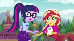 Size: 960x539 | Tagged: suggestive, artist:thedarkpony, derpibooru import, edit, edited screencap, screencap, sci-twi, sunset shimmer, twilight sparkle, equestria girls, legend of everfree, accident, camp everfree outfits, clothes, fart, female, fetish, image, implied messing, implied pooping, implied scat, onomatopoeia, panties, pantypoop, png, poop, scat, sci-twibutt, shorts, underwear