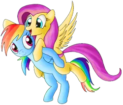 Size: 637x544 | Tagged: safe, artist:miokomata, derpibooru import, edit, fluttershy, rainbow dash, pony, background removed, duo, fluttershy riding rainbow dash, flying, image, png, ponies riding ponies, riding, simple background, transparent background