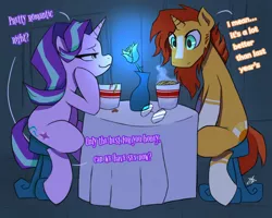 Size: 2500x2000 | Tagged: suggestive, artist:dorpapu, derpibooru import, starlight glimmer, sunburst, unicorn, comedy, female, flower, food, funny, glasses, glasses off, image, male, noodles, png, ramen, romantic, rose, shipping, stain, starburst, stool, straight, subtle as a train wreck, table, vase