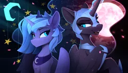 Size: 2300x1320 | Tagged: safe, artist:yakovlev-vad, derpibooru import, nightmare moon, princess luna, alicorn, pony, constellation, crescent moon, duality, duo, ethereal mane, fangs, female, full moon, glowing horn, helmet, horn, image, mare, moon, open mouth, png, s1 luna, stars