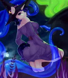 Size: 1126x1280 | Tagged: suggestive, artist:bylullabysoft, derpibooru import, oc, unofficial characters only, anthro, unicorn, bedroom eyes, breasts, cauldron, clothes, commission, costume, digital art, female, halloween, halloween costume, hat, holiday, horn, image, jpeg, looking at you, night, solo, solo female, tail, tentacles, witch, witch hat, ych result