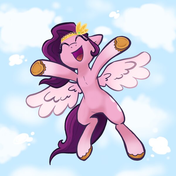 Size: 2048x2048 | Tagged: safe, artist:pfeffaroo, derpibooru import, pipp petals, pegasus, pony, cloud, eyes closed, female, flying, g5, happy, high res, hooves out, image, jewelry, jpeg, open mouth, sky, sky background, smiling, solo, spread wings, tiara, underhoof, wings