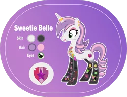 Size: 1400x1068 | Tagged: safe, artist:n0kkun, derpibooru import, sweetie belle, pony, unicorn, alternate hairstyle, bedroom eyes, commission, cute, cutie mark, diasweetes, ear piercing, earring, eyeshadow, female, headcanon, horn, horn ring, image, jewelry, lipstick, makeup, mare, older, older sweetie belle, piercing, png, purple background, reference sheet, ring, simple background, solo, tattoo, the cmc's cutie marks, transparent background