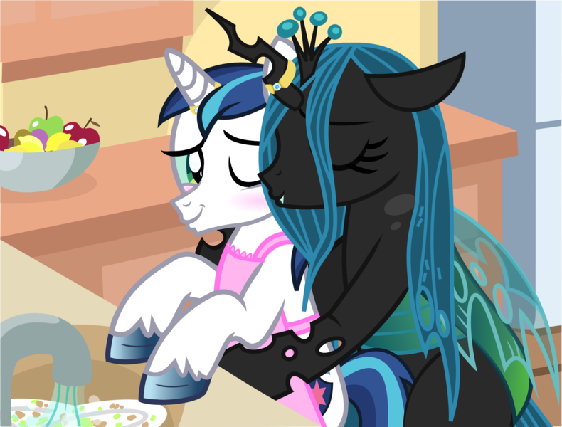 Size: 1952x1483 | Tagged: safe, alternate version, anonymous artist, derpibooru import, queen chrysalis, shining armor, changeling, changeling queen, pony, unicorn, .svg available, apple, apron, base used, blushing, bowl, cleaning, clothes, crown, derpibooru exclusive, dishes, eyelashes, female, food, hoof polish, housewife, hug, i can't believe it's not badumsquish, image, infidelity, jewelry, kiss on the cheek, kissing, kitchen, male, naked apron, one eye closed, peytral, png, refrigerator, regalia, ring, shining chrysalis, shipping, smiling, stallion, straight, unshorn fetlocks, vector, wedding ring, wink