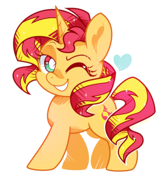 Size: 756x808 | Tagged: safe, artist:yokokinawa, derpibooru import, sunset shimmer, pony, unicorn, chibi, cute, female, heart, image, mare, one eye closed, png, shimmerbetes, simple background, solo, white background, wink