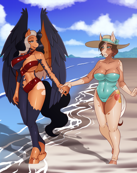 Size: 1375x1730 | Tagged: suggestive, artist:chacrawarrior, derpibooru import, oc, oc:breaking dawn, oc:honeycrisp meadow, unofficial characters only, anthro, earth pony, pegasus, unguligrade anthro, anthro oc, beach, breasts, clothes, commission, couple, digital art, duo, duo female, earth pony oc, female, gift art, gilf, hat, holding hands, image, lesbian, milf, oc x oc, one-piece swimsuit, pegasus oc, png, shipping, sky, smiling, sun hat, swimsuit, walking, water, wings