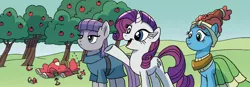 Size: 1384x484 | Tagged: safe, artist:angieness, artist:briannacherrygarcia, derpibooru import, idw, big macintosh, maud pie, meadowbrook, rarity, earth pony, pony, unicorn, spoiler:comic, spoiler:comicannual2021, apple, apple tree, female, food, image, jpeg, lying down, male, mare, on back, one of these things is not like the others, season 10, smiling, stallion, tree