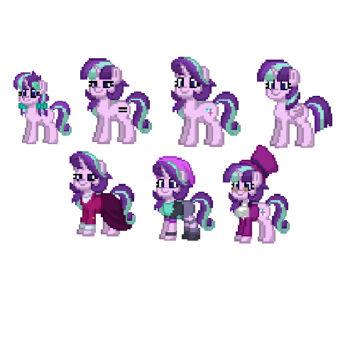 Size: 500x500 | Tagged: safe, derpibooru import, snowfall frost, starlight glimmer, pony, unicorn, pony town, age progression, beanie, clothes, equal cutie mark, female, filly, glasses, hat, image, multeity, older, older starlight glimmer, pixel art, png, self ponidox, simple background, skirt, suit, top hat, transparent background, younger