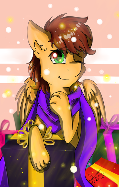 Size: 1029x1620 | Tagged: safe, artist:yuris, derpibooru import, oc, oc:speedy winchester, unofficial characters only, pegasus, pony, christmas, holiday, image, png, solo