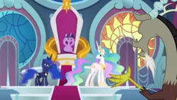 Size: 1920x1080 | Tagged: safe, derpibooru import, screencap, discord, princess celestia, princess luna, twilight sparkle, twilight sparkle (alicorn), alicorn, pony, the ending of the end, image, png, throne, throne room