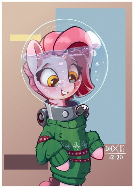 Size: 677x950 | Tagged: safe, artist:drafthoof, artist:rexyseven, derpibooru import, oc, oc:koraru koi, unofficial characters only, seapony (g4), clothes, collaboration, helmet, image, jpeg, seapony oc, simple background, solo, sweater