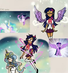 Size: 2472x2662 | Tagged: safe, artist:citi, derpibooru import, screencap, princess celestia, twilight sparkle, twilight sparkle (alicorn), alicorn, human, pony, magical mystery cure, artificial wings, ascension, augmented, crown, cutie mark accessory, humanized, image, jewelry, jpeg, magic, princess celestia's special princess making dimension, regalia, scene interpretation, screencap reference, wings