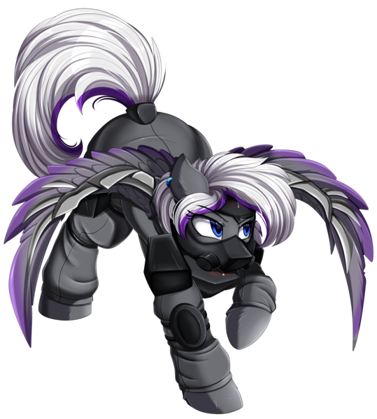 Size: 3330x3709 | Tagged: safe, artist:pridark, derpibooru import, oc, oc:lyum, unofficial characters only, pegasus, pony, fallout equestria, badass, blades, brotherhood of steel, commission, high res, image, male, mask, png, raised hoof, simple background, solo, transparent background