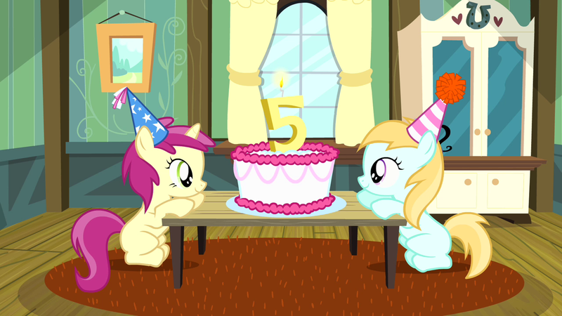 Size: 1280x720 | Tagged: safe, derpibooru import, screencap, rose petal, rosy gold, earth pony, pony, unicorn, pinkie pride, 5, birthday cake, birthday candle, birthday party, cake, cerise bud, female, filly, food, hat, hooves, house, image, living room, party, party hat, png, sitting, smiling, table, the super duper party pony