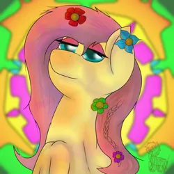 Size: 3000x3000 | Tagged: safe, artist:shinxx24, derpibooru import, fluttershy, pegasus, pony, female, flower, flower in hair, flutterhigh, high, image, implied drug use, mare, png, psychedelic, solo