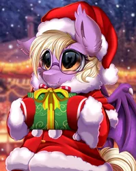 Size: 1280x1611 | Tagged: safe, artist:pridark, derpibooru import, part of a set, oc, oc:pinkfull night, unofficial characters only, bat pony, pony, bat pony oc, bat wings, christmas, clothes, commission, costume, cute, ear fluff, fangs, female, gift wrapped, glasses, hat, holding, holiday, image, jpeg, santa costume, santa hat, smiling, solo, teenager, wings, ych result