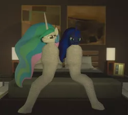 Size: 930x838 | Tagged: suggestive, artist:thegoldenmonk, derpibooru import, princess celestia, princess luna, alicorn, anthro, 3d, bed, bedroom, bedroom eyes, bondage, first person view, gmod, happy bondage, image, jpeg, looking at you, mummification, mummified, offscreen character, on bed, pov, sitting on bed, smiling, smiling at you