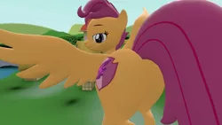 Size: 1280x720 | Tagged: suggestive, artist:acid flask, derpibooru import, scootaloo, pegasus, pony, 3d, bedroom eyes, butt, cutie mark, female, filly, giant pegasus, giant pony, huge butt, image, jpeg, large butt, looking at you, looking back, looking back at you, macro, plot, scootabutt, sfm pony, smiling, source filmmaker, the cmc's cutie marks