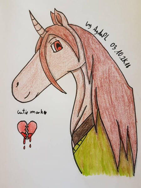 Size: 756x1008 | Tagged: safe, artist:agdapl, derpibooru import, ponified, pony, unicorn, bust, chara, clothes, heartbreak, horn, image, jpeg, male, signature, smiling, solo, stallion, traditional art, undertale