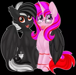 Size: 691x676 | Tagged: safe, artist:missmele-madness, derpibooru import, oc, oc:darkangel, oc:pepto, alicorn, pegasus, alicorn oc, black background, duo, horn, hug, image, outline, png, red and black oc, simple background, tongue out, white outline, winghug, wings