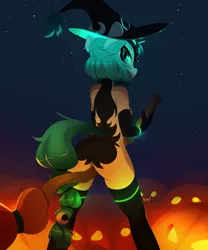 Size: 2712x3252 | Tagged: suggestive, artist:bloodatius, derpibooru import, oc, unofficial characters only, anthro, broom, butt, clothes, commission, female, halloween, hat, holiday, image, jack-o-lantern, looking at you, looking back, looking back at you, owo, png, pumpkin, socks, solo, solo female, thigh highs, witch, witch hat, ych result