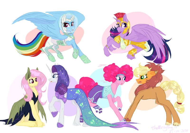 Size: 5000x3500 | Tagged: safe, artist:themessyfangirl, derpibooru import, applejack, fluttershy, pinkie pie, rainbow dash, rarity, twilight sparkle, twilight sparkle (alicorn), alicorn, earth pony, mermaid, pony, unicorn, scare master, animal costume, applelion, armor, astrodash, athena sparkle, clothes, costume, female, flutterbat costume, halloween, holiday, image, mane six, mare, mermarity, nightmare night costume, pinkie puffs, png, simple background, white background