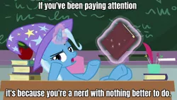 Size: 1920x1080 | Tagged: safe, derpibooru import, edit, edited screencap, screencap, trixie, pony, unicorn, a horse shoe-in, apple, board, book, caption, classroom, female, food, hooves on the table, image, image macro, jpeg, magic, magic aura, mare, school, sir raven, solo, table, telekinesis, text, the grim adventures of billy and mandy