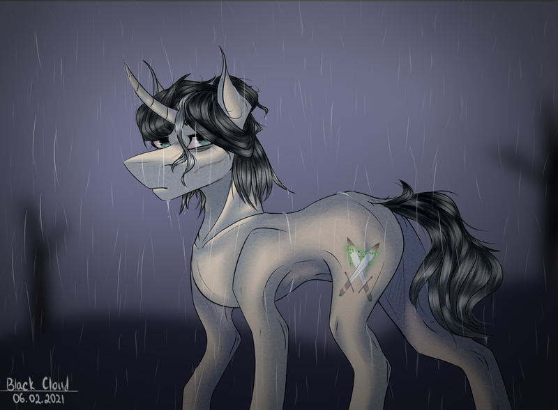 Size: 2802x2064 | Tagged: safe, artist:blackcloud2000, derpibooru import, oc, oc:noah, pony, unicorn, image, male, png, rain, solo, stallion