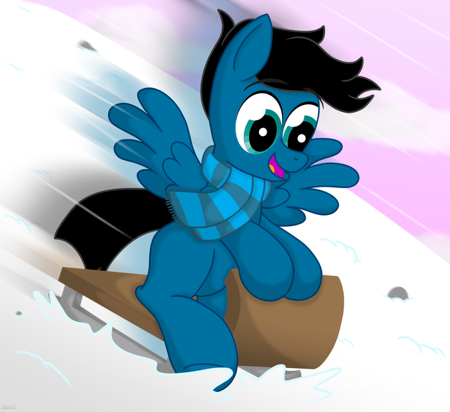 Size: 7200x6600 | Tagged: safe, artist:agkandphotomaker2000, derpibooru import, oc, oc:pony video maker, pegasus, pony, going downhill, image, png, rock, sled, sledding, snow, speed blur, spread wings, wings