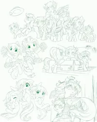 Size: 3200x4000 | Tagged: safe, artist:symbianl, derpibooru import, apple bloom, applejack, fluttershy, marble pie, pinkie pie, rainbow dash, rarity, scootaloo, starlight glimmer, sunset shimmer, sweetie belle, trixie, twilight sparkle, earth pony, pegasus, pony, unicorn, applejack's hat, armor, bow, cheerleader, cheerleader outfit, clothes, cowboy hat, crying, cute, cutie mark crusaders, diatrixes, female, filly, glimmerbetes, hat, image, jpeg, lineart, mane six, marblebetes, missing cutie mark, monochrome, neo noir, partial color, pom pom, s5 starlight, shimmerbetes, shyabetes, sketch, sketch dump, straw hat, sword, tape, weapon, younger