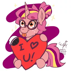 Size: 1200x1200 | Tagged: safe, artist:erenerakhard, derpibooru import, oc, oc:dawn twinkle, unofficial characters only, pony, unicorn, amputee, digital art, female, glasses, hearts and hooves day, holiday, image, magical lesbian spawn, mare, offspring, parent:sunset shimmer, parent:twilight sparkle, parents:sunsetsparkle, png, prosthetic leg, prosthetic limb, prosthetics, solo, sparkles, tongue out, valentine's day
