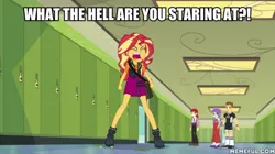 Size: 600x337 | Tagged: safe, derpibooru import, edit, edited screencap, screencap, nolan north, starlight, sunset shimmer, teddy t. touchdown, equestria girls, equestria girls series, forgotten friendship, caption, duckman, image, image macro, jpeg, text