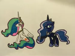 Size: 4032x3024 | Tagged: safe, artist:magicnova, derpibooru import, princess celestia, princess luna, alicorn, pony, celestia is not amused, derpibooru exclusive, female, image, jpeg, luna is not amused, mare, royal sisters, siblings, sisters, traditional art, unamused