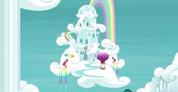 Size: 1920x988 | Tagged: safe, derpibooru import, screencap, building, cloud, hot air balloon, image, no pony, png, rainbow, rainbow dash's house, rainbow waterfall, scenery, twinkling balloon