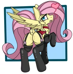 Size: 1200x1225 | Tagged: suggestive, artist:cuddlelamb, derpibooru import, fluttershy, pegasus, pony, butt, chest fluff, choker, clothes, dock, female, floating heart, flutterbutt, garters, heart, image, looking at you, looking back, looking back at you, open mouth, plot, png, saddle, socks, stockings, tack, thigh highs