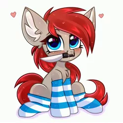 Size: 3000x3000 | Tagged: safe, artist:pesty_skillengton, derpibooru import, oc, oc:ponepony, unofficial characters only, earth pony, pony, blushing, chest fluff, chibi, clothes, doki doki literature club, drool, heart, image, jpeg, knife, mouth hold, smiling, socks, solo, striped socks, yuri (ddlc)