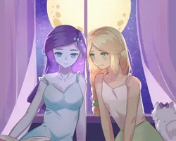 Size: 2048x1638 | Tagged: safe, artist:maoo720, derpibooru import, applejack, opalescence, rarity, equestria girls, female, full moon, image, jpeg, lesbian, moon, rarijack, shipping, sleeveless, smiling, window