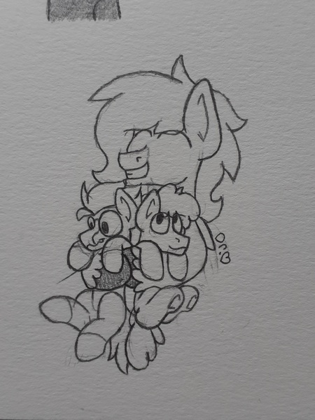 Size: 2048x2731 | Tagged: safe, artist:drheartdoodles, derpibooru import, oc, oc:dr.heart, oc:floofy, oc:vince, unofficial characters only, clydesdale, earth pony, pegasus, pony, hug, image, jpeg, size difference, smiling, traditional art